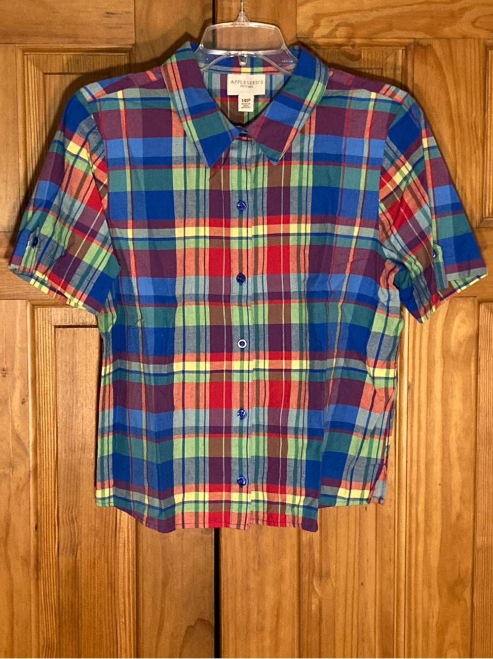 NWOT Appleseed's Petite Vintage 90s Top Blouse Short Sleeve Plaid Blue Size 14P